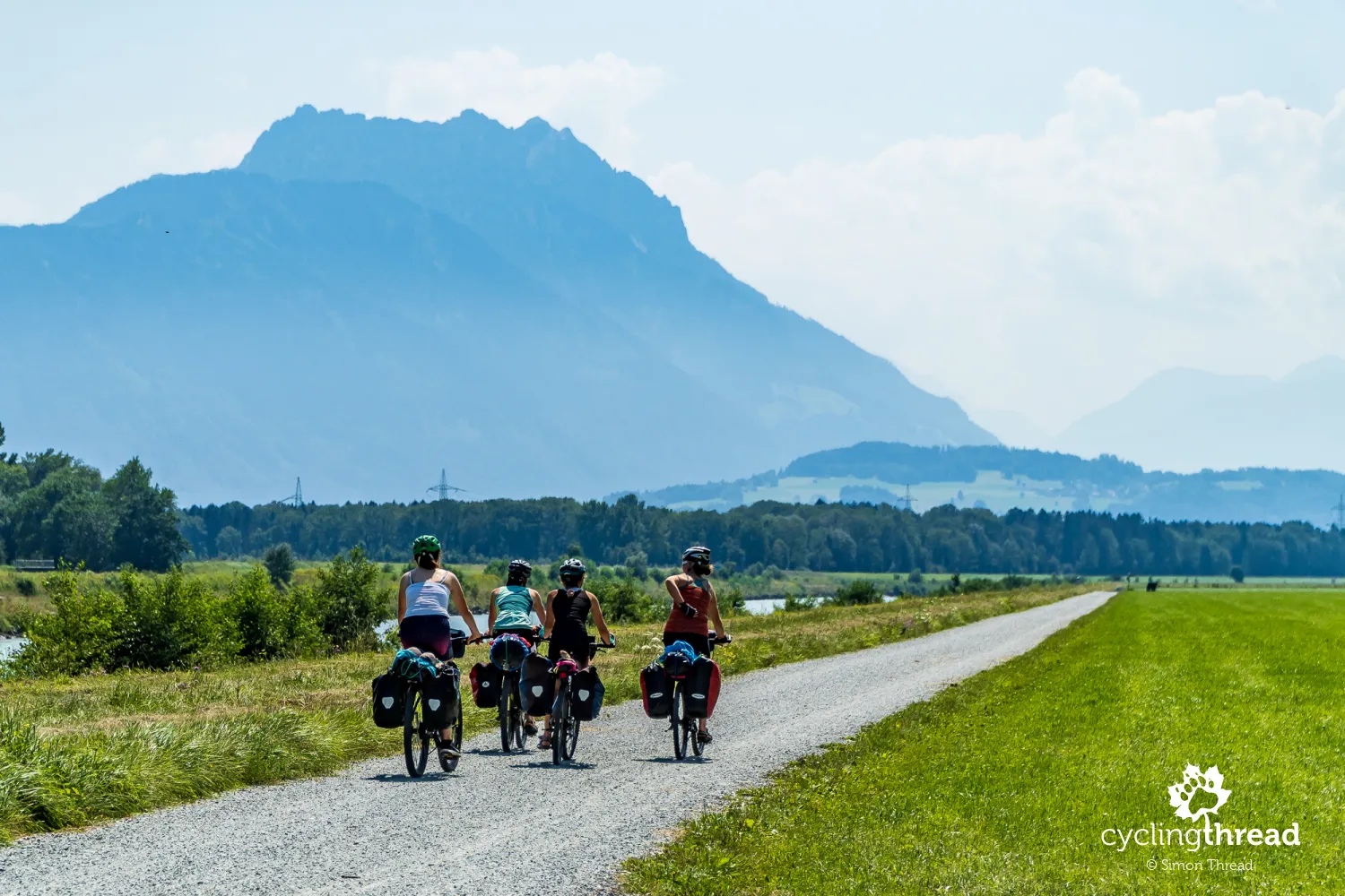 Female cyclists on the Rhine Cycle Route in Switzerland